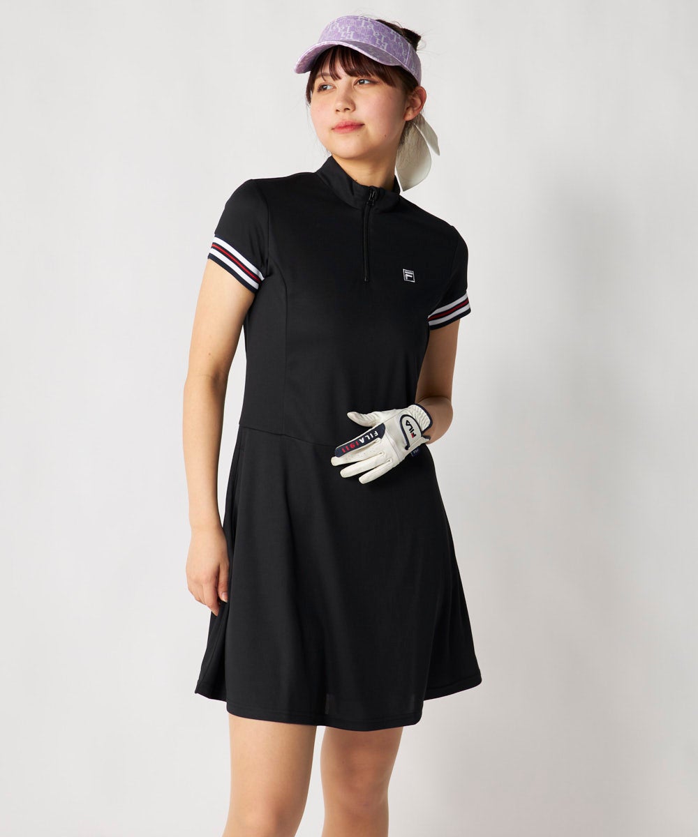 【フィラゴルフ】ジップアップ ゴルフ 中綿ワンピース ラメ ロゴ M 黒×ピンク NET限定】袖ライン入りワンピース | レディース - FILA GOLF（フィラ